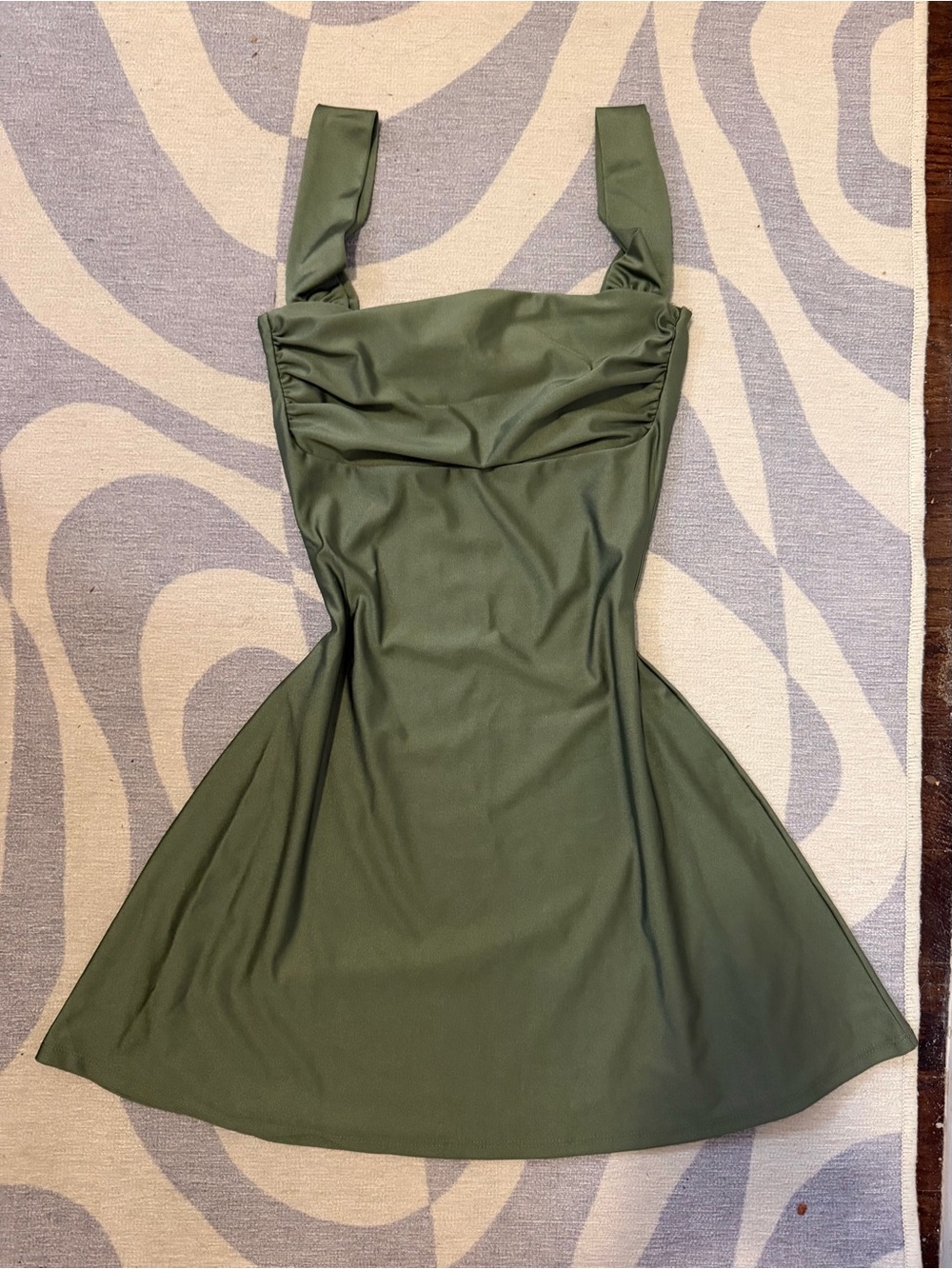 NEW with TAGS! Olive Green Square-Neck A-Line Waist Flattering Ruched Dress